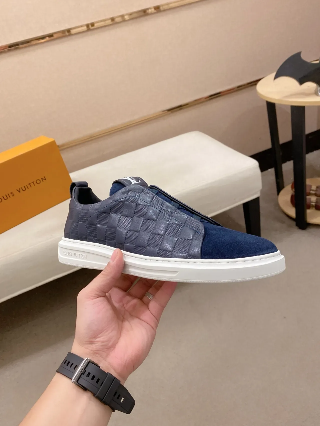Louis Vuitton LV Trainer Navy White Woven Leather Suede Toe Lifestyle Sneakers 4