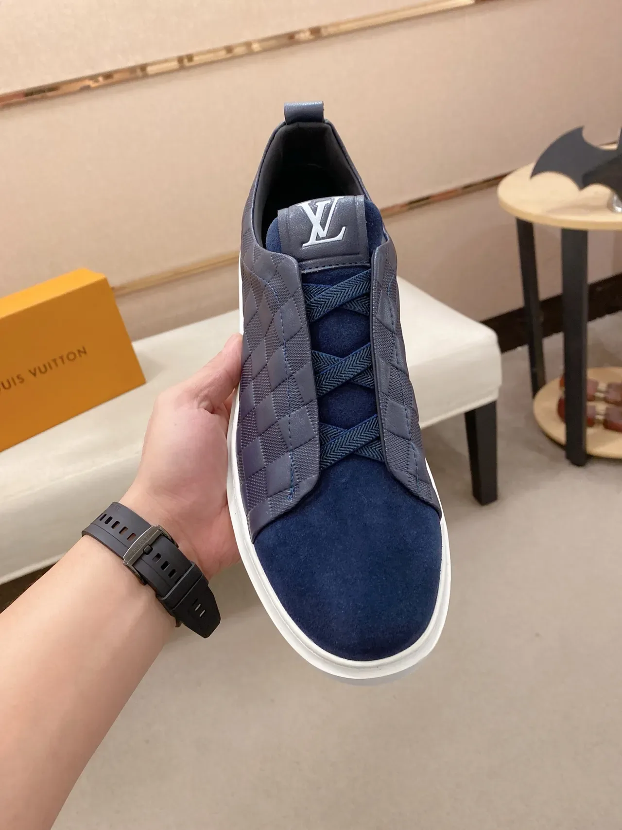 Louis Vuitton LV Trainer Navy White Woven Leather Suede Toe Lifestyle Sneakers 5