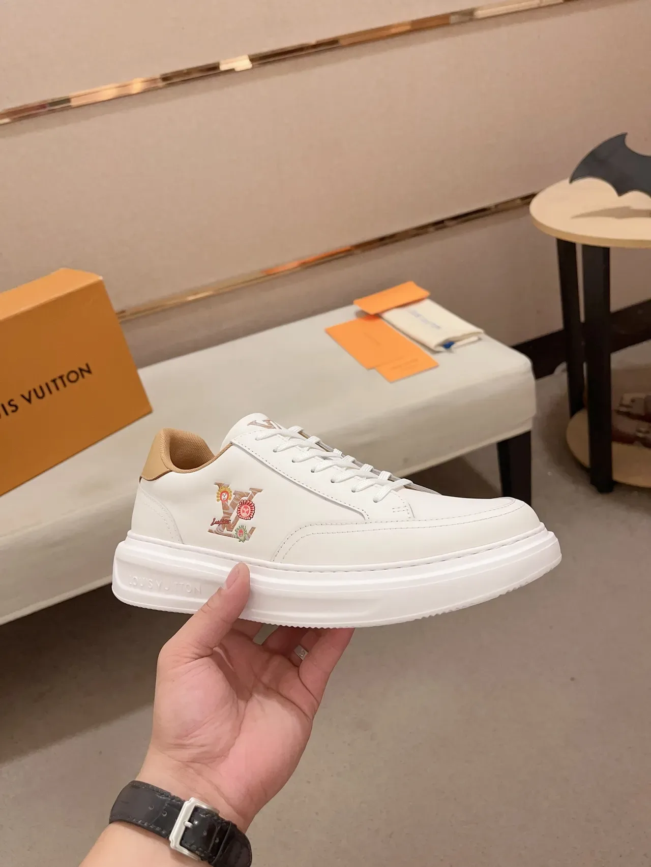 Louis Vuitton LV Trainer White Beige Leather Upper Embroidered Floral Monogram Lifestyle Sneakers 5