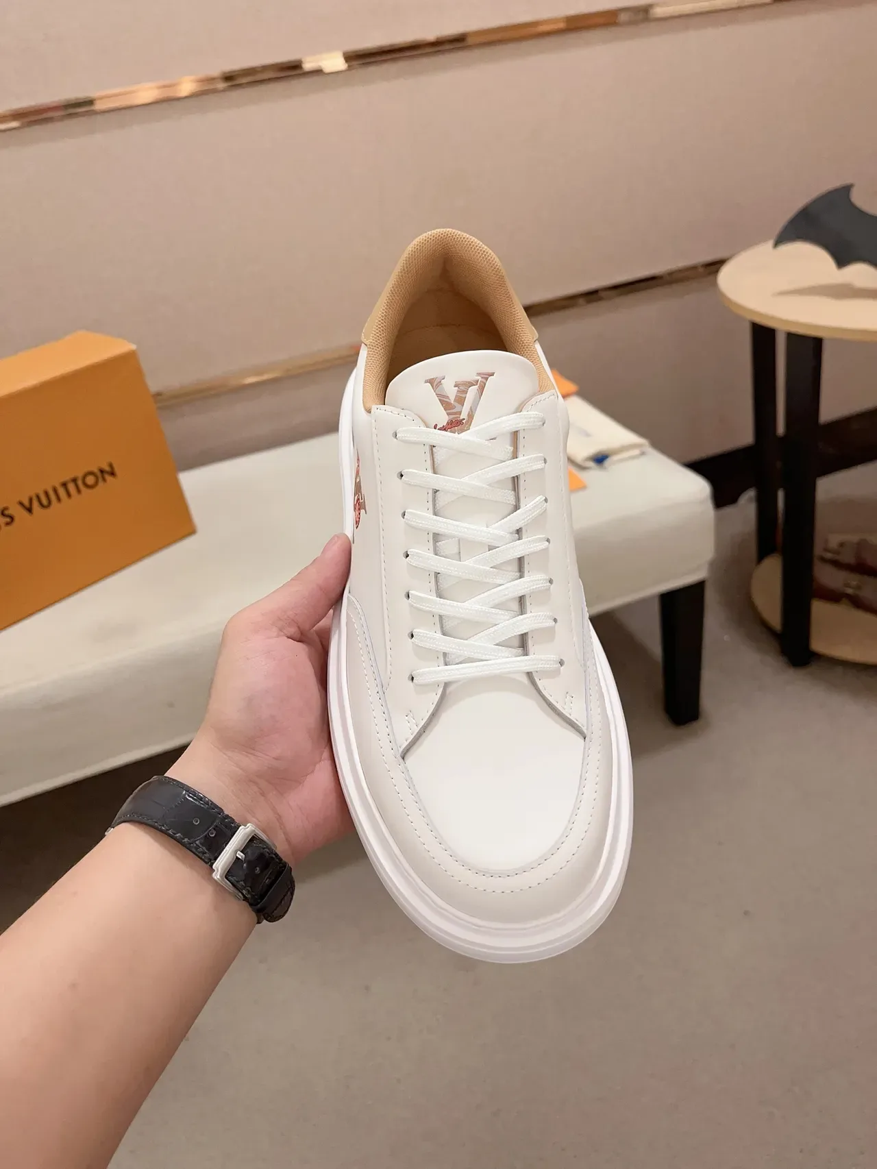 Louis Vuitton LV Trainer White Beige Leather Upper Embroidered Floral Monogram Lifestyle Sneakers 6