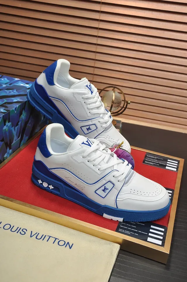 Louis Vuitton LV Trainer Tênis Lifestyle Branco Azul Couro Superior Royal Contrast Trim 5