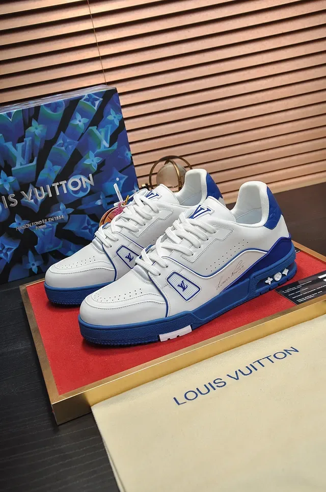 Louis Vuitton LV Trainer Tênis Lifestyle Branco Azul Couro Superior Royal Contrast Trim 8