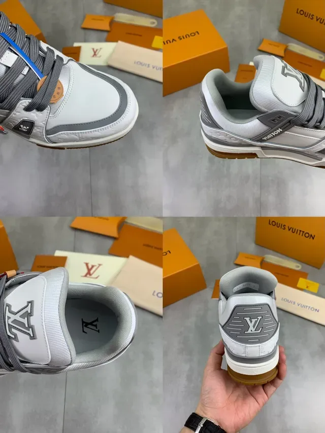 লুইস ভিটন LV Trainer সাদা ও ধূসর Monogram-Embossed চামড়া লেয়ার্ড ওভারলে লাইফস্টাইল স্নিকার্স 2