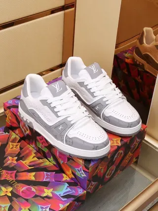 Louis Vuitton LV Trainer White Gray Monogram-Print Overlays Perforated Leather Toe Lifestyle Sneakers 3
