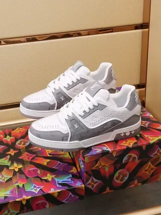Louis Vuitton LV Trainer White Gray Monogram-Print Overlays Perforated Leather Toe Lifestyle Sneakers 4
