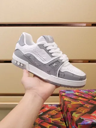 Louis Vuitton LV Trainer White Gray Monogram-Print Overlays Perforated Leather Toe Lifestyle Sneakers 6