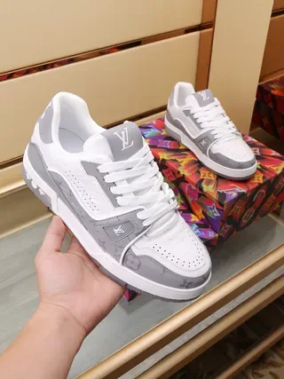 Louis Vuitton LV Trainer White Gray Monogram-Print Overlays Perforated Leather Toe Lifestyle Sneakers 7