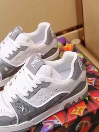 Louis Vuitton LV Trainer White Gray Monogram-Print Overlays Perforated Leather Toe Lifestyle Sneakers 8