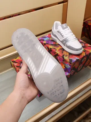 Louis Vuitton LV Trainer White Gray Monogram-Print Overlays Perforated Leather Toe Lifestyle Sneakers 9