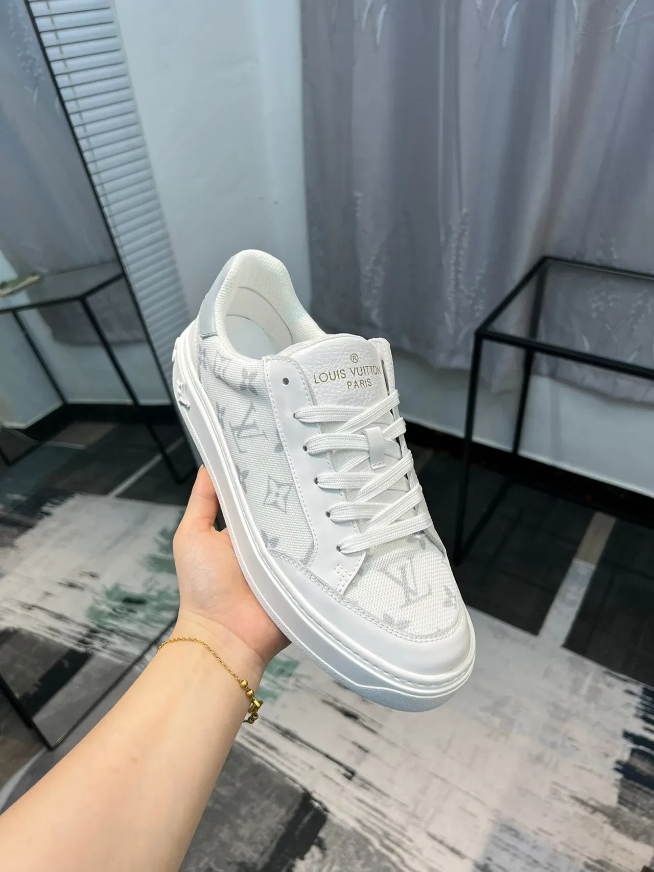 লুইস ভিটন LV Trainer সাদা ধূসর মোনোগ্রামড ক্যানভাস আপার প্ল্যাটফর্ম সোল লাইফস্টাইল স্নিকার্স 5