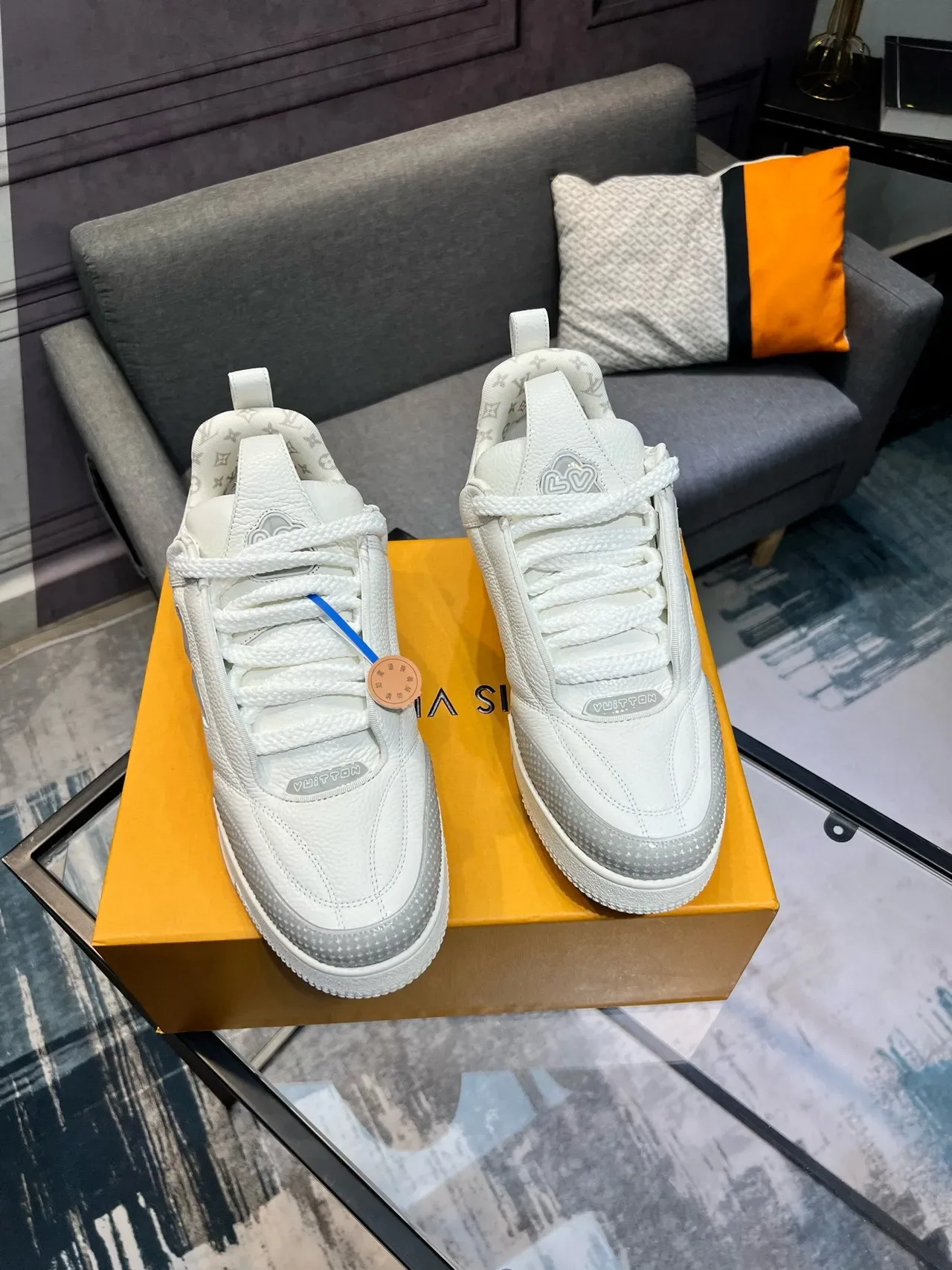 Louis Vuitton LV Trainer White Gray Pebbled Leather Upper Translucent Floral Side Motif Lifestyle Sneakers 5