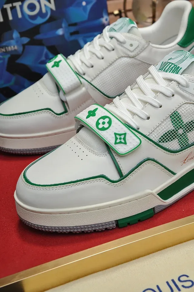 Louis Vuitton LV Trainer Branco Verde Low-Top Layered Couro-Mesh Superior Lifestyle Sneakers 2