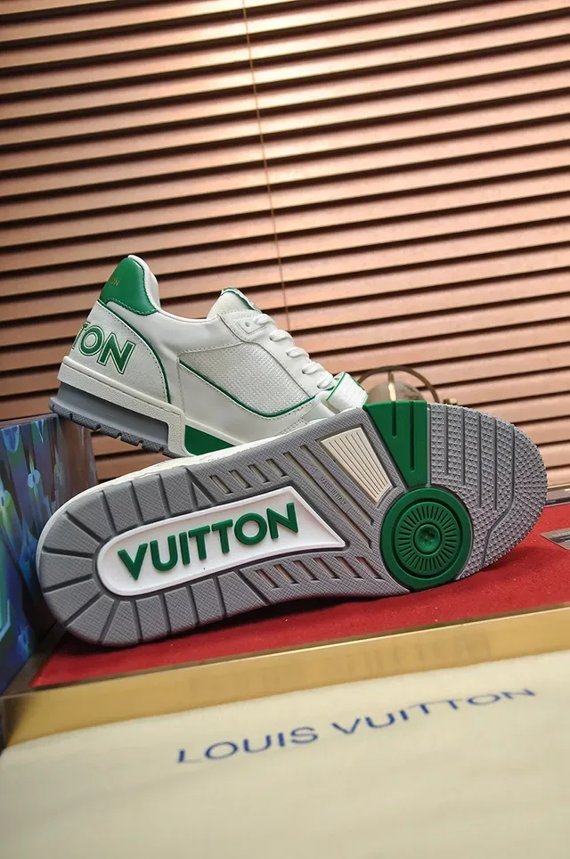 Louis Vuitton LV Trainer Branco Verde Low-Top Layered Couro-Mesh Superior Lifestyle Sneakers 4