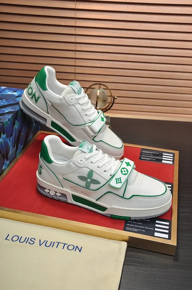 Louis Vuitton LV Trainer Branco Verde Low-Top Layered Couro-Mesh Superior Lifestyle Sneakers 5