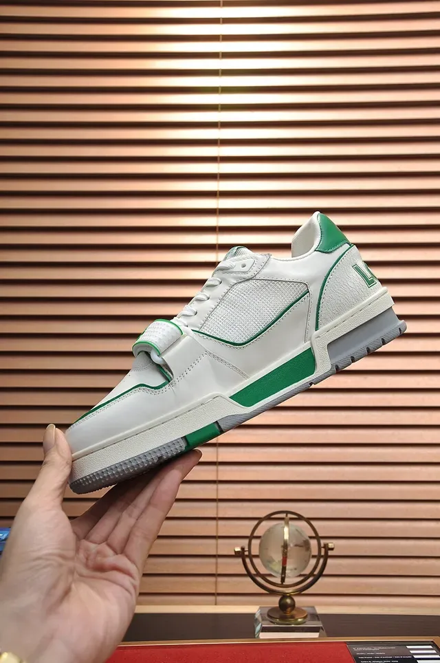 Louis Vuitton LV Trainer Branco Verde Low-Top Layered Couro-Mesh Superior Lifestyle Sneakers 6