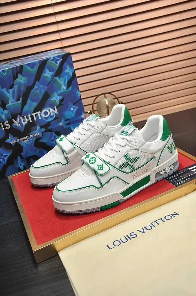 Louis Vuitton LV Trainer Branco Verde Low-Top Layered Couro-Mesh Superior Lifestyle Sneakers 7