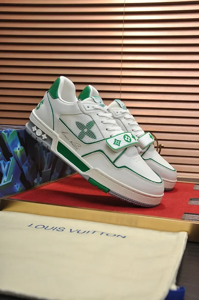 Louis Vuitton LV Trainer Branco Verde Low-Top Layered Couro-Mesh Superior Lifestyle Sneakers 8