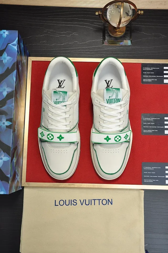 Louis Vuitton LV Trainer Branco Verde Low-Top Layered Couro-Mesh Superior Lifestyle Sneakers 9
