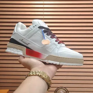 Louis Vuitton LV Trainer Blanco Rojo Suela Plataforma Gruesa Capa Cuero/sintético Superior Sneakers Estilo de Vida
