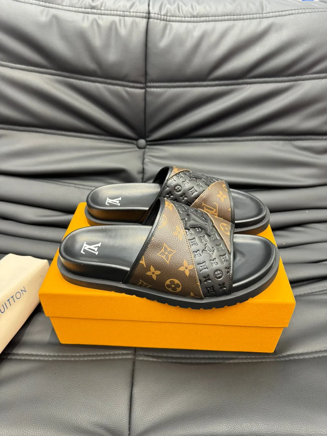 Louis Vuitton Monogram and Embossed Black Strap Slipper 4