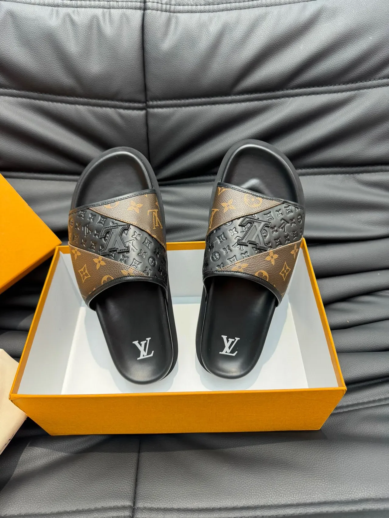 Louis Vuitton Monogram and Embossed Black Strap Slipper 6