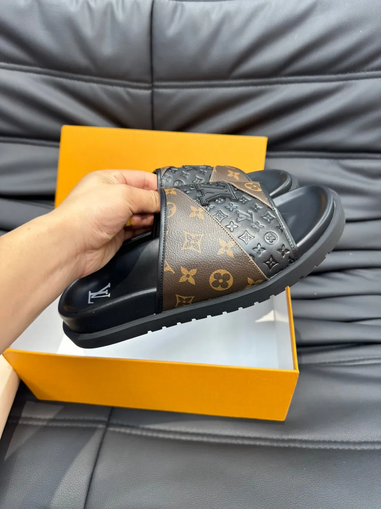 Louis Vuitton Monogram and Embossed Black Strap Slipper 7