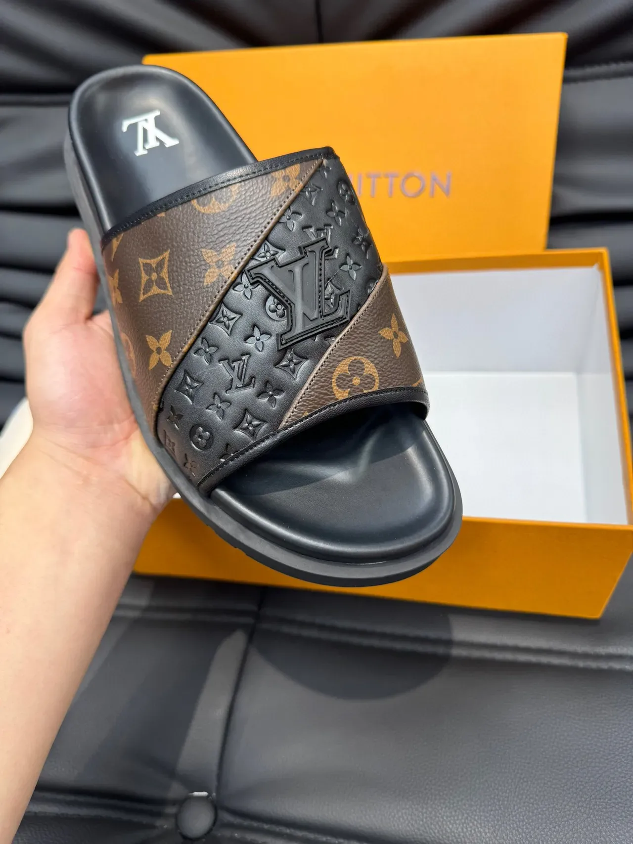 Louis Vuitton Monogram and Embossed Black Strap Slipper 8