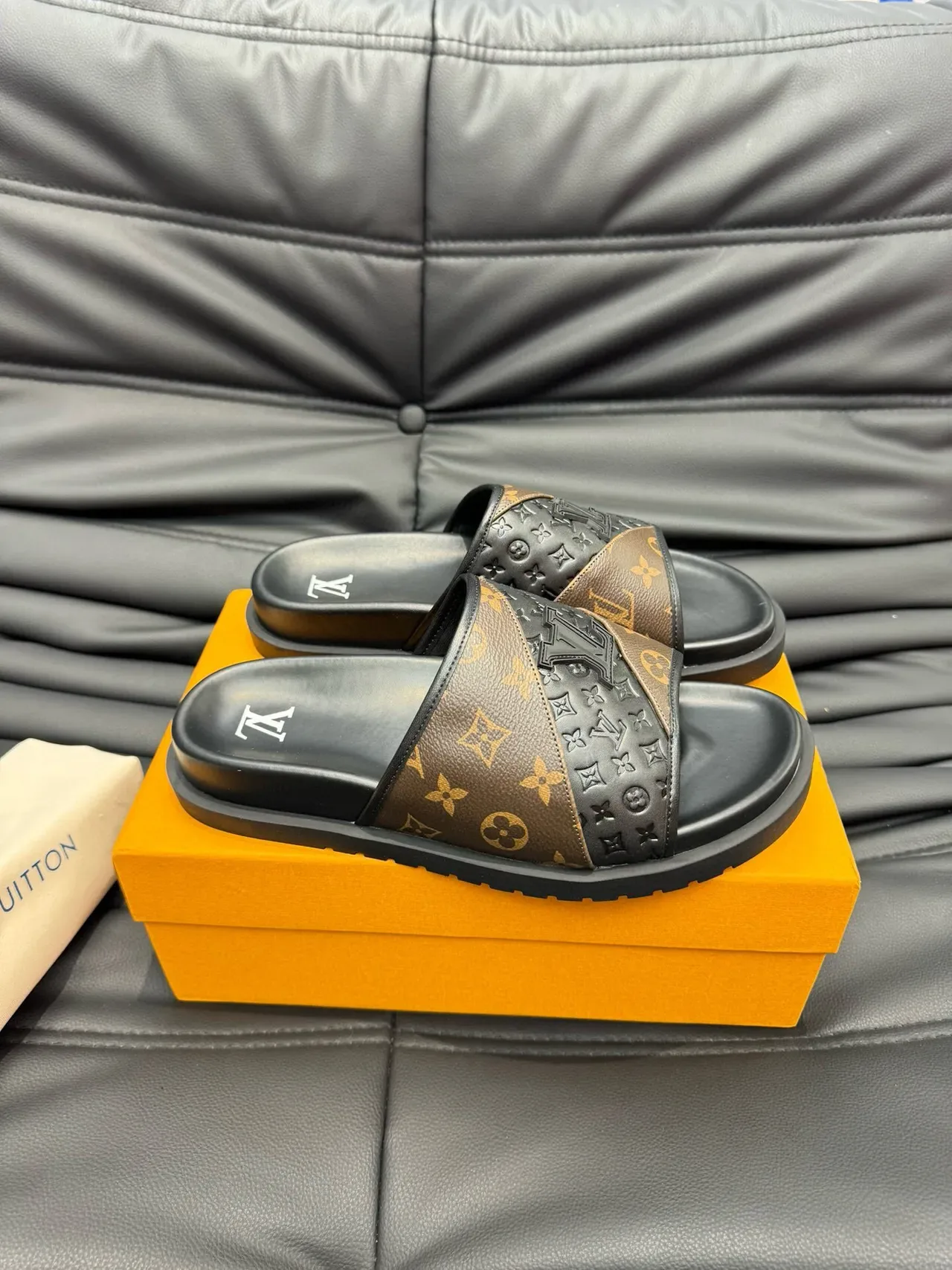 Louis Vuitton Monogram and Embossed Black Strap Slipper 9