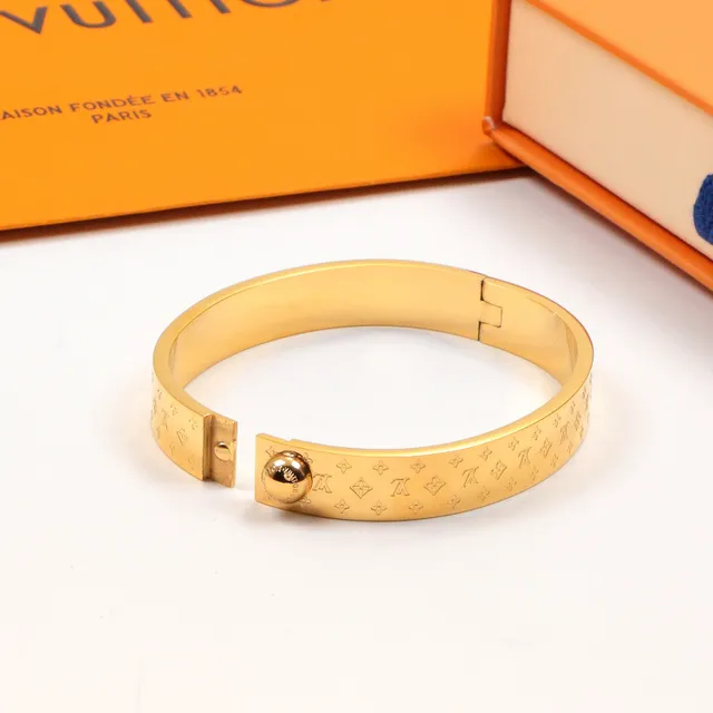 Louis Vuitton Monogram Bangle Gold Silver Hinged Engraved Pattern Bracelet 2
