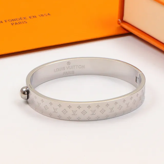 Louis Vuitton Monogram Bangle Gold Silver Hinged Engraved Pattern Bracelet 3