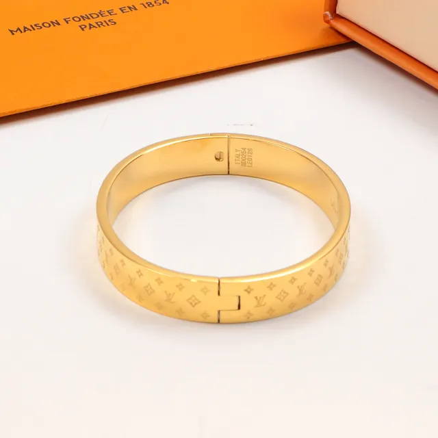 Louis Vuitton Monogram Bangle Gold Silver Hinged Engraved Pattern Bracelet 4
