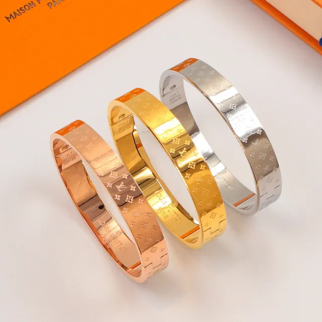 Louis Vuitton Monogram Bangle Gold Silver Hinged Engraved Pattern Bracelet 5