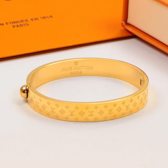 Louis Vuitton Monogram Bangle Gold Silver Hinged Engraved Pattern Bracelet 6