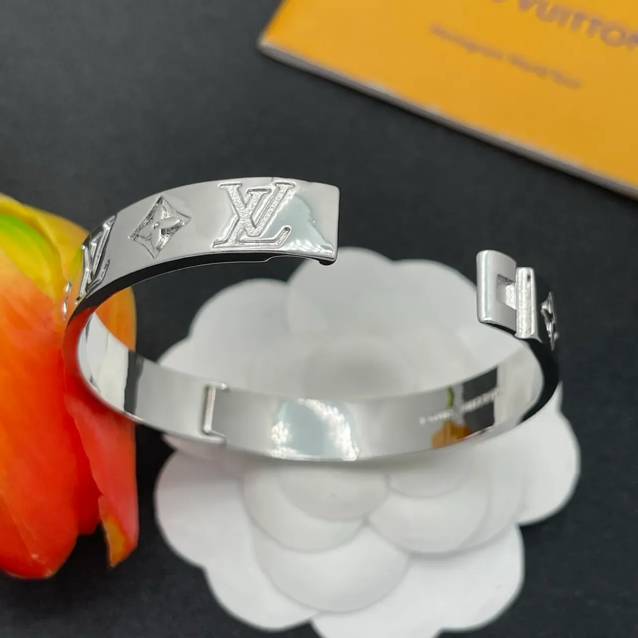 Louis Vuitton Monogram Bangle Silver Polished Metal Bracelet 5