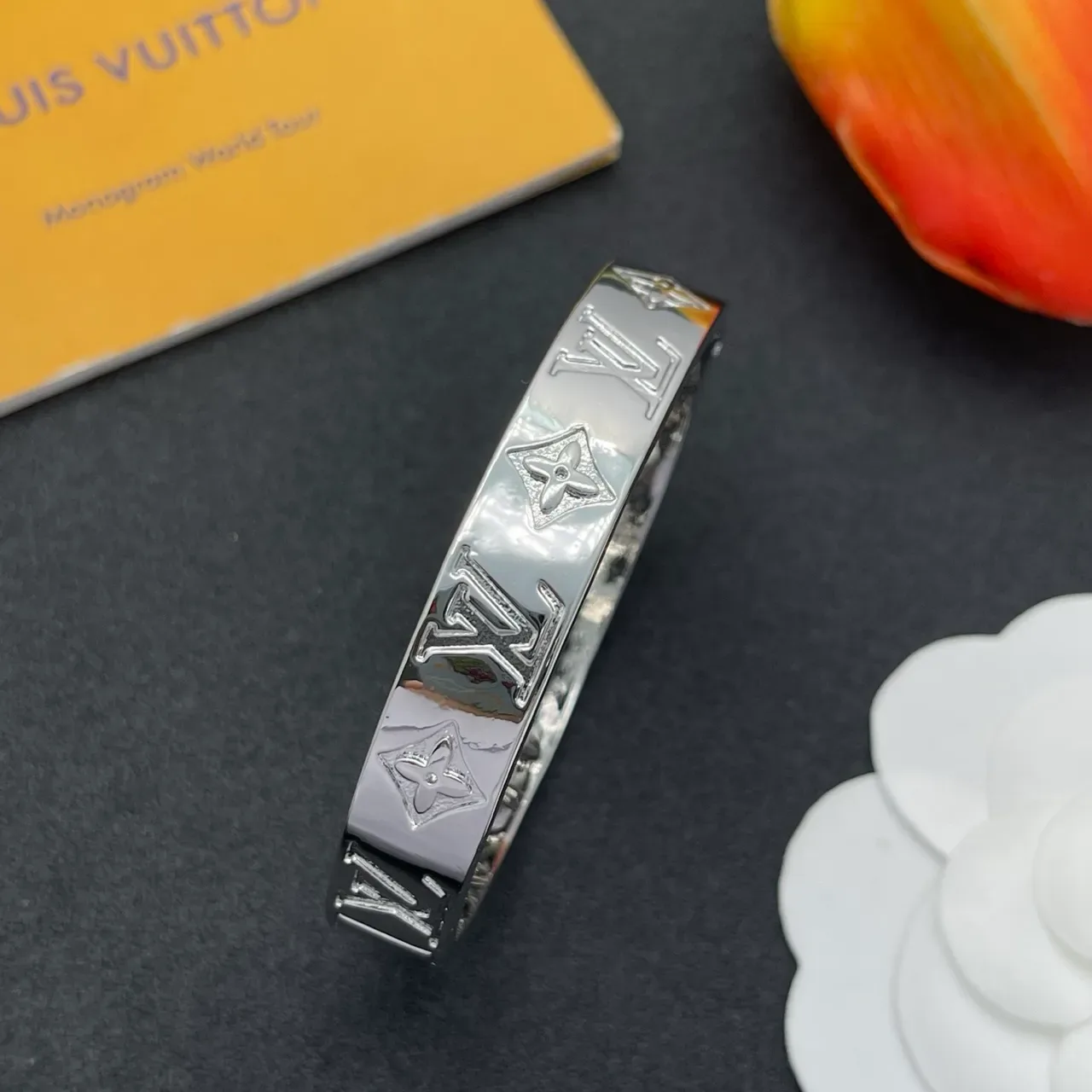 Louis Vuitton Monogram Bangle Silver Polished Metal Bracelet 6