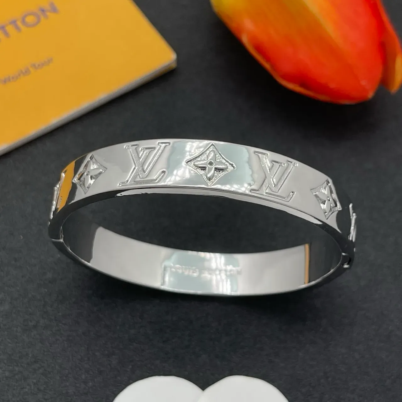 Louis Vuitton Monogram Bangle Silver Polished Metal Bracelet 7
