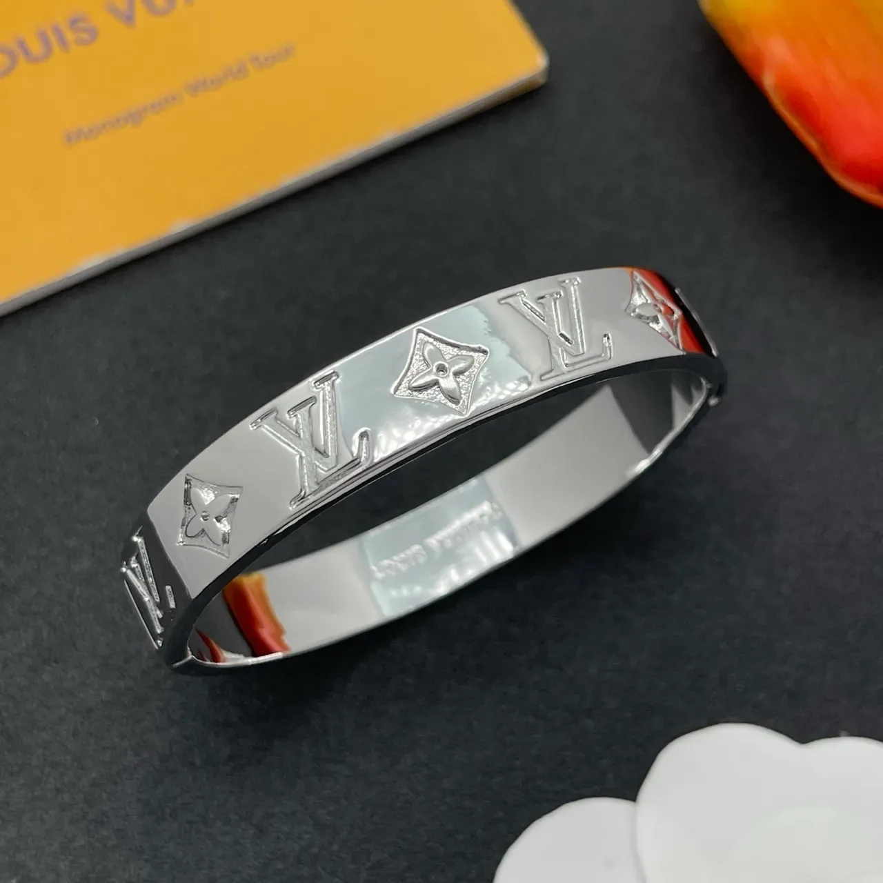 Louis Vuitton Monogram Bangle Silver Polished Metal Bracelet 8
