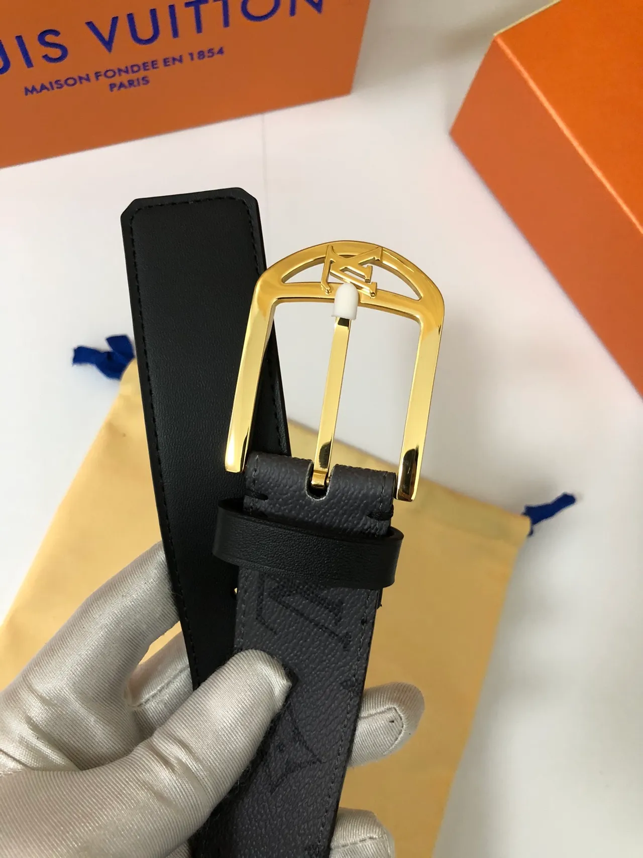 Louis Vuitton Monogram Belt Black Gold Buckle Leather Belt 2