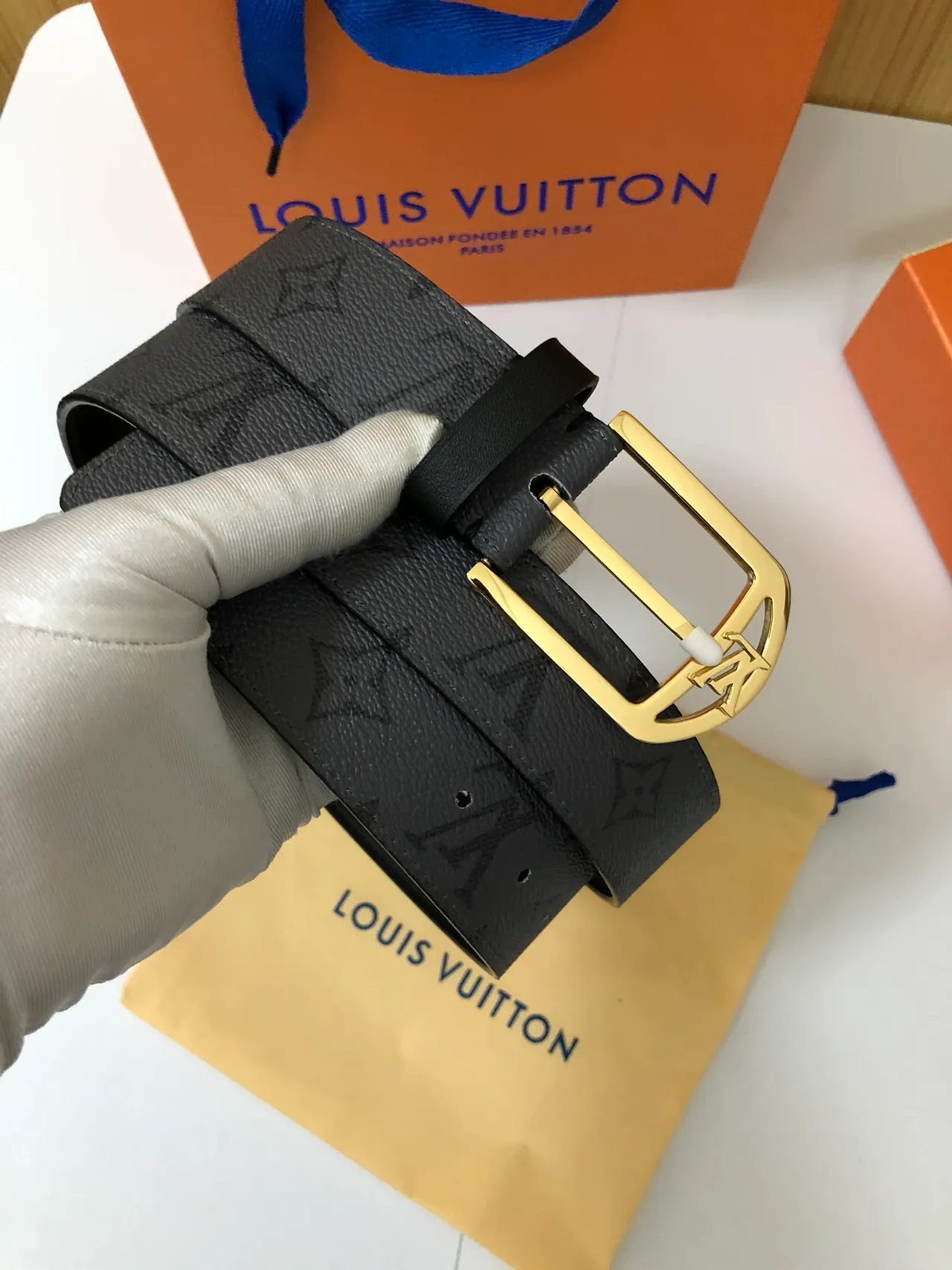 Louis Vuitton Monogram Belt Black Gold Buckle Leather Belt 3