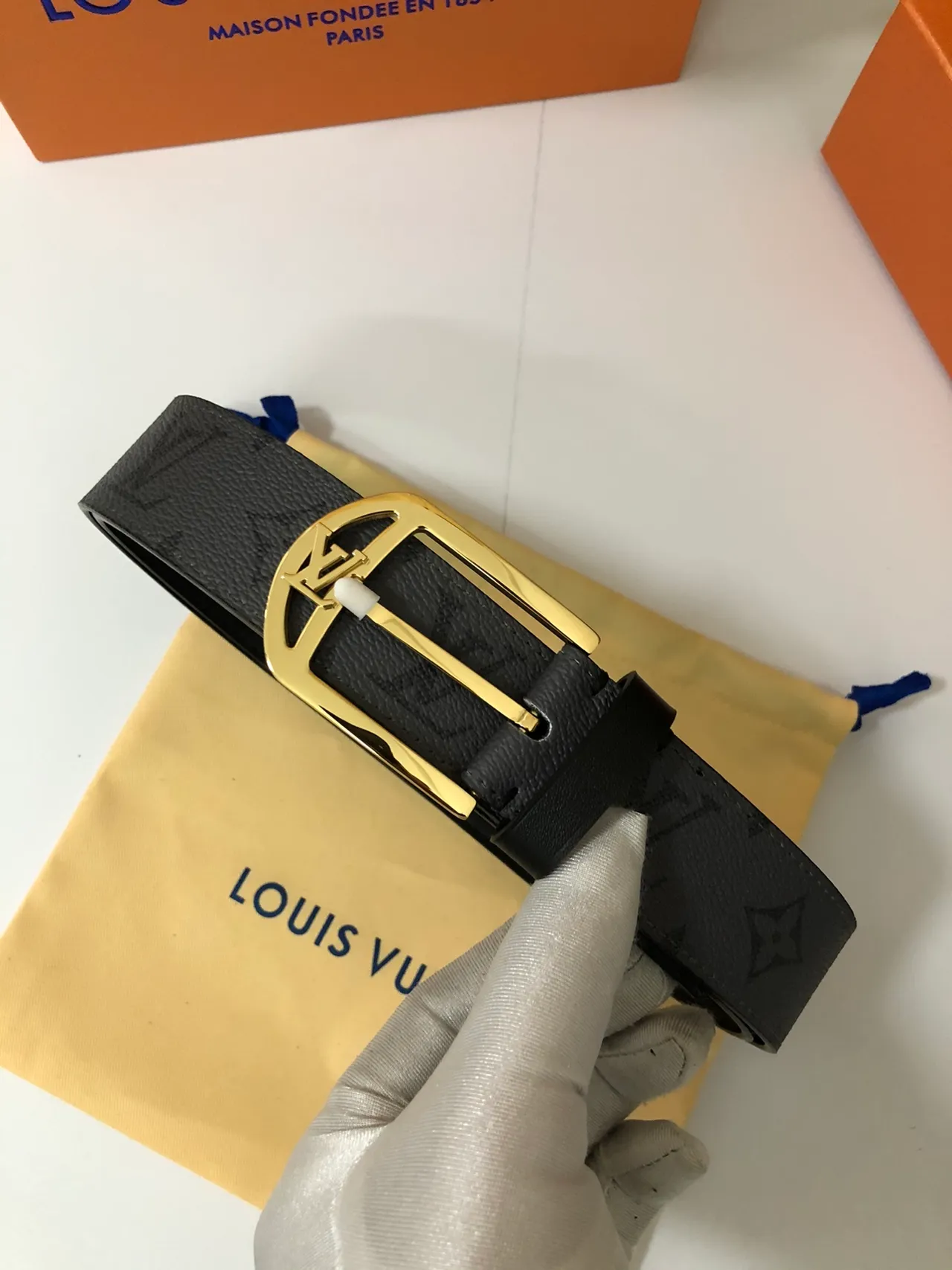 Louis Vuitton Monogram Belt Black Gold Buckle Leather Belt 4