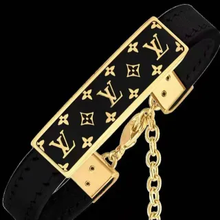 Louis Vuitton Monogram Pulsera Negra Dorado Esmalte Placa Hardware Pulsera