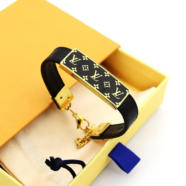 Louis Vuitton Monogram Pulseira Preta Dourada Esmalte Placa Hardware Pulseira 6