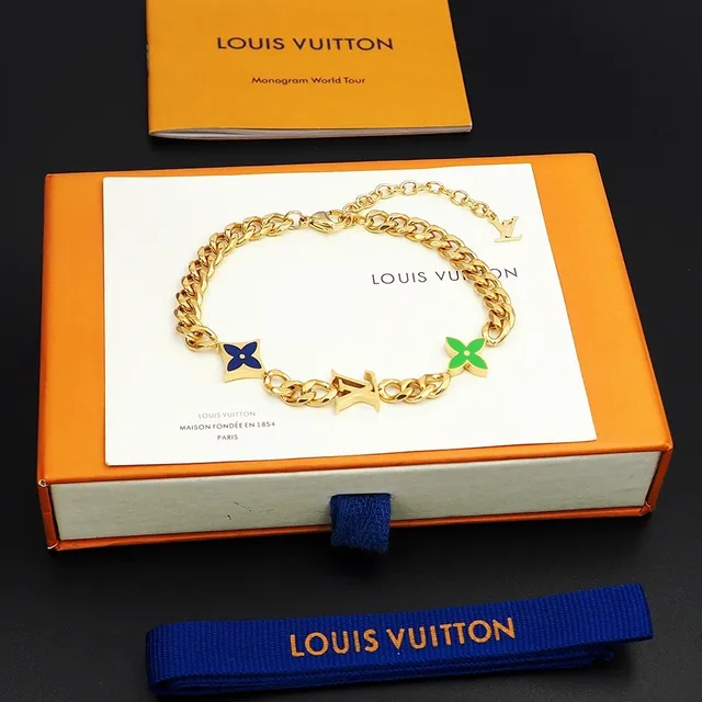 Louis Vuitton Monogram Flower and LV Charm Gold-Tone Enamel Bracelet 3
