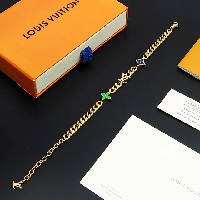 Louis Vuitton Monogram Flower and LV Charm Gold-Tone Enamel Bracelet 7