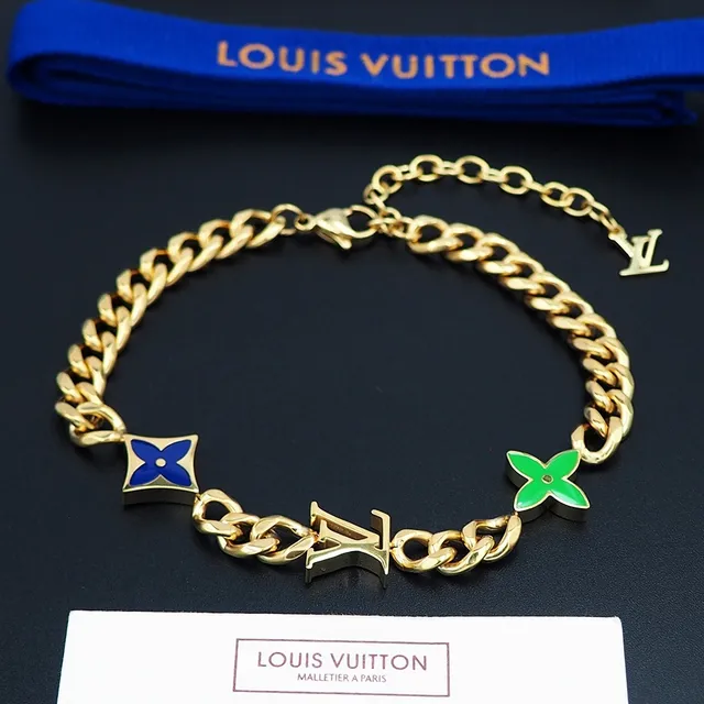 Louis Vuitton Monogram Flower and LV Charm Gold-Tone Enamel Bracelet 9