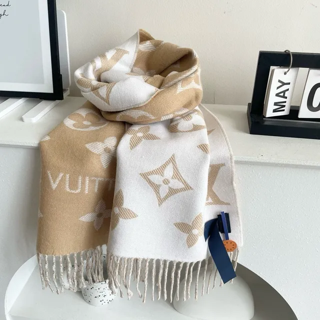 Cachecol Louis Vuitton Monogram Flower Beige e Cream de Cashmere 4