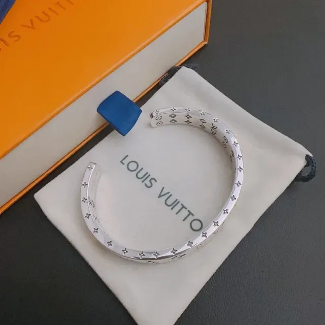 Louis Vuitton Monogram Flower Engraved Silver-Tone Bracelet 9