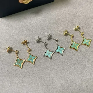 Louis Vuitton Monogram Flower Gold Green Star-Shaped Frame Enamel Motif Earrings