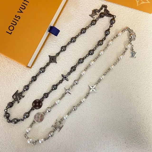 Louis Vuitton Monogram Pearls Silver Black Beaded Chain Charms Necklace 2
