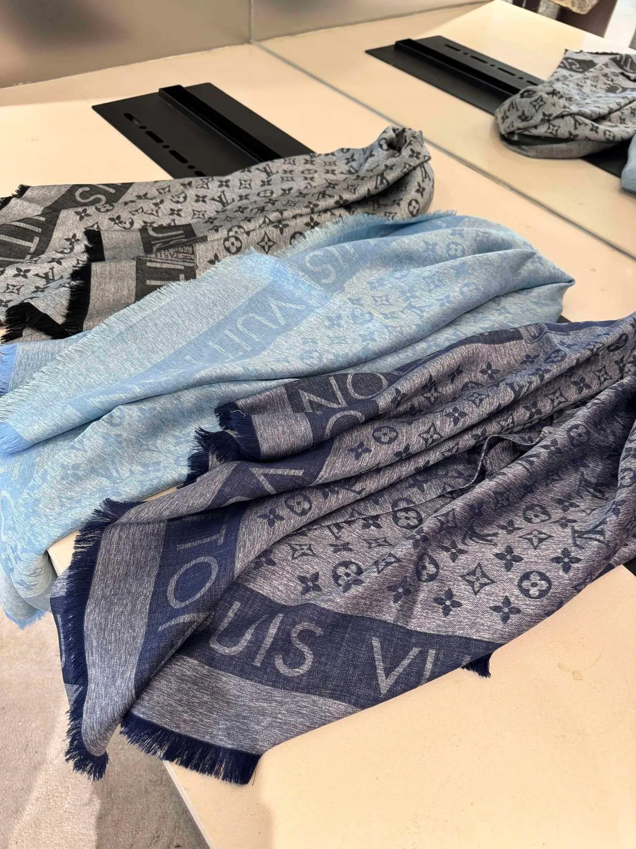 Louis Vuitton Monogram Print Heathered Blue-Gray Silk Scarf 3